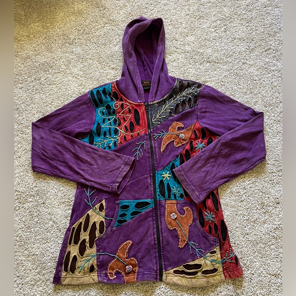 Rising International Women’s Purple Hoodie Size Medium Patchwork Boho Hippie